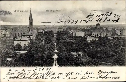 Ak Wilhelmshaven in Niedersachsen, Christuskirche, Stationsgebäude, Wasserturm