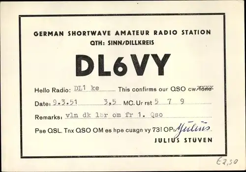 Ak QSL Karte, Funkerkarte DL6VY, Julius Stüven, Sinn im Dillkreis