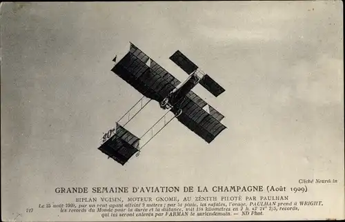 Ak Grande Semaine d'Aviation de Champagne 1909, Aviateur Paulhan, Biplan Voisin