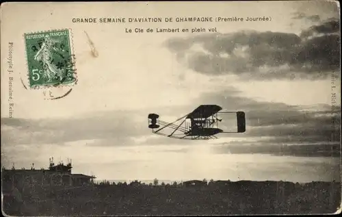 Ak Grande Semaine d'Aviation de Champagne, Le Cte de Lambert en plein vol, aeroplane