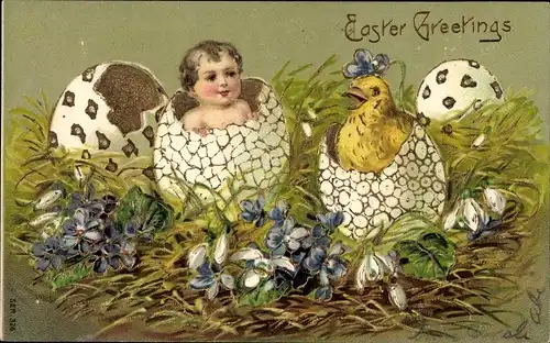 Präge Ak Glückwunsch, Ostern, Baby im Osterei, Küken, Veilchen