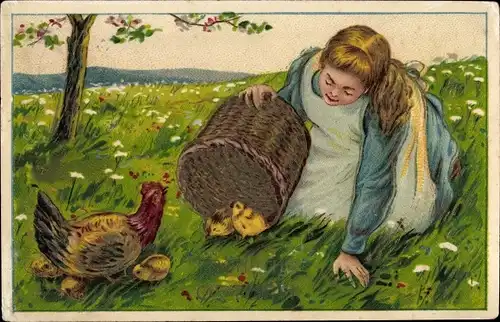 Präge Ak Glückwunsch, Ostern, Hühner