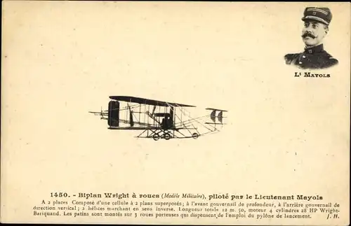 Ak Biplan Wright a roues, pilote par le Lieutenant Mayols