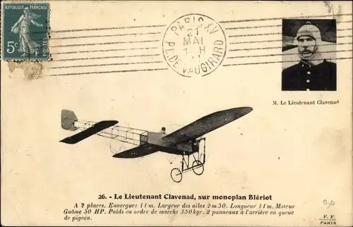 Ak Le Lieutenant Clavenad sur monoplan Bleriot