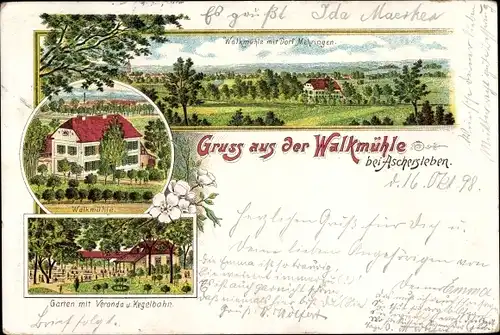 Litho Aschersleben im Salzlandkreis, Walkmühle, Dorf Mehringen, Garten, Veranda, Kegelbahn
