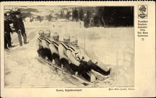 Ak Hurra, Schlittenfahrt, Deutscher Knabenkalender 1916, Der Gute Kamerad