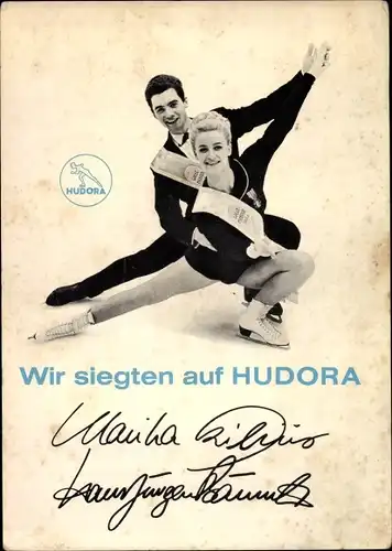 Ak Weltmeister 1964 im Eiskunstlauf Marika Kilius und Hans Jürgen Bäumler, Hudora Schlittschuhe