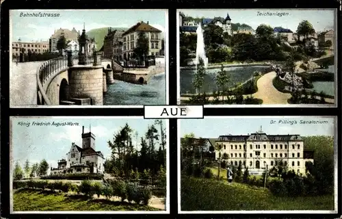 Ak Aue im Erzgebirge Sachsen, Bahnhofstraße, Teichanlagen, König Friedrich August Warte, Sanatorium