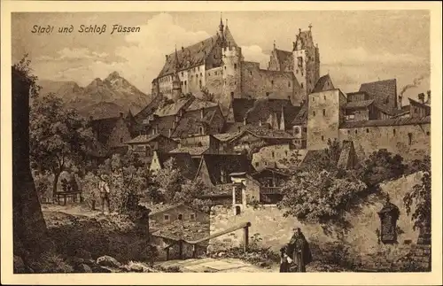 Künstler Ak Füssen im Ostallgäu, Stadtansicht, Schloss