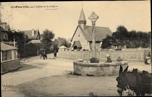 Ak Pourville Seine Maritime, L'Eglise et la Croix