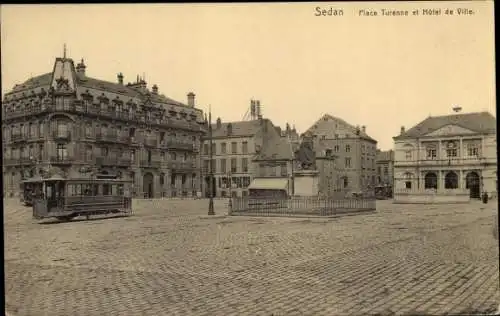 Ak Sedan Ardennes, Place Turenne, Hotel de Ville, tramway