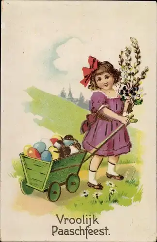 Ak Glückwunsch Ostern, Mädchen mit Ostereiern, Widenkätzchen