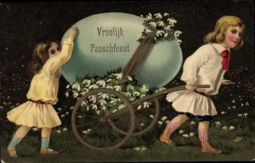 Präge Ak Glückwunsch Ostern, Kinder und riesiges Osterei