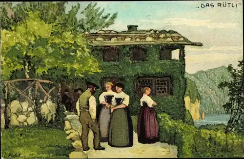 Künstler Ak Rütli Seelisberg Kanton Uri, Bundesfeier Postkarte 1913, Personen in Trachten