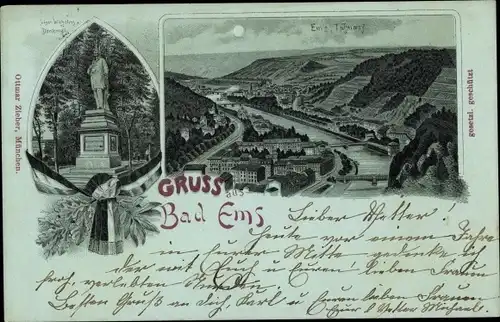 Mondschein Litho Bad Ems an der Lahn, Kaiser Wilhelm Denkmal, Gesamtansicht