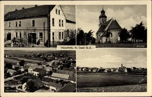 Ak Pokrzywnica Nesselwitz Oberschlesien, Gaststätte E. Sajonz, Kirche, Dorfmitte, Teilansicht