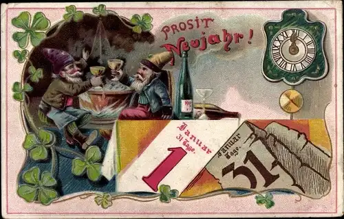 Ak Glückwunsch Neujahr, Zwerge mit Sektgläsern, Uhr, Kalender, Kleeblätter
