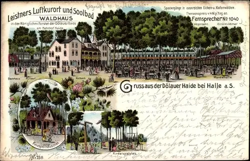 Litho Dölauer Heide Halle an der Saale, Leistners Luftkurort und Soolbad Waldhaus, Knusperhäuschen