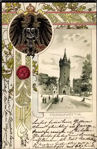 Präge Wappen Passepartout Litho Frankfurt am Main, Eschenheimer Turm