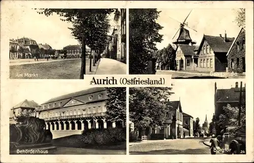 Ak Aurich in Ostfriesland, Georgstraße, Windmühle, Markt, Behördenhaus, Burgtor