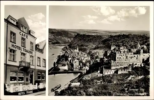 Ak Sankt Goar am Rhein, Hotel Café Traube, Ort mit Burg Rheinfels