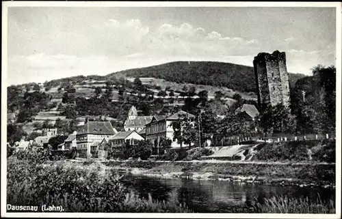 Ak Dausenau an der Lahn, Uferpartie mit Blick nach Ort, Ruine