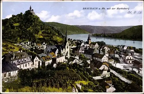 Ak Braubach am Rhein, Ort mit Marksburg, Vogelschau