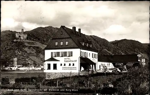Ak Fellen Sankt Goar am Rhein, Blick auf das Hotel Landsknecht mit Burg Maus
