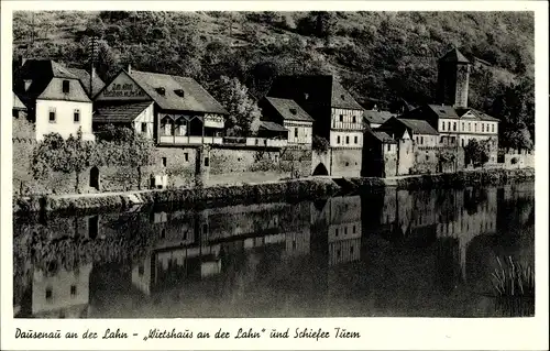 Ak Dausenau an der Lahn, Wirtshaus an der Lahn und Schiefer Turm