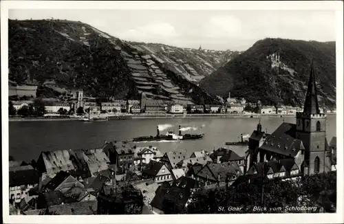 Ak Sankt Goar am Rhein, Blick vom Schlossberg, Kirche, Ort, Hotel Café Hauser