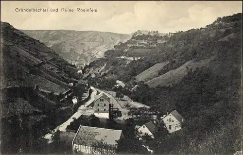 Ak St. Goar im Rhein Hunsrück Kreis, Blick auf die Ruine Rheinfels, Gründelbachtal