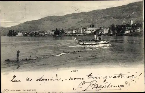 Ak Vevey Kanton Waadt, Wasserpartie mit Salondampfer