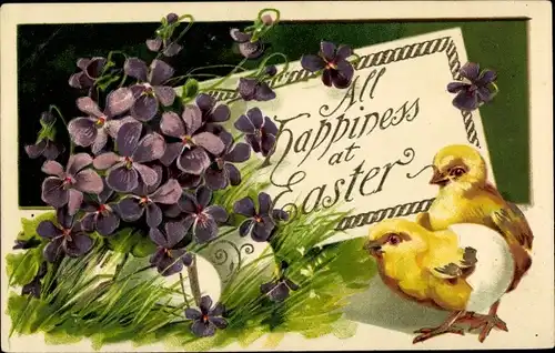 Präge Litho Glückwunsch Ostern, Küken, Ostereier, Veilchenblüten