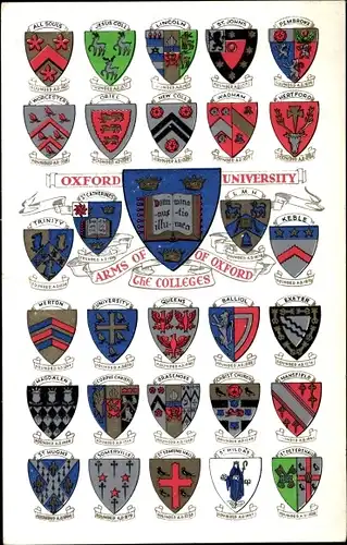 Studentika Wappen Ak Oxford Oxfordshire England, University, Arms of the Colleges