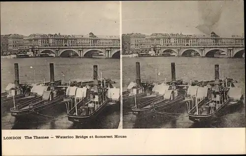 Stereo Ak London City England, The Thames, Waterloo Bridge, Somerset House