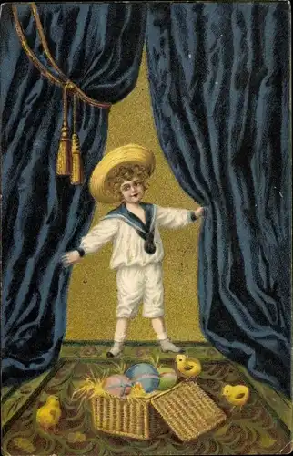 Ak Kind mit Ostereiern und Küken, Vorhang