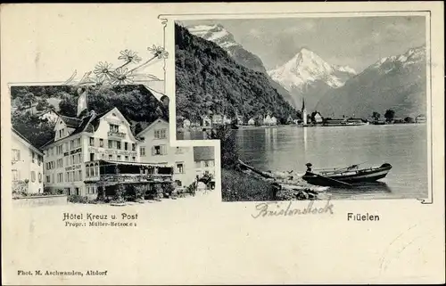 Ak Flüelen Kanton Uri Schweiz, Hotel Kreuz und Post, Gebirge, Blick auf den Ort