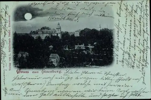 Mondschein Ak Eisenberg in Thüringen, Blick auf den Ort, Schlosskirche