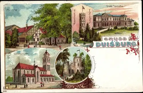 Litho Duisburg im Ruhrgebiet, Städtische Tonhalle, Monning, Salvator Kirche, Aussichtsturm