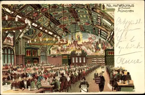 Litho München Bayern, Kgl. Hofbräuhaus, Festsaal, Innenansicht