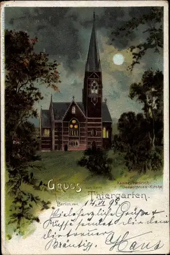 Mondschein Litho Berlin Tiergarten, Kaiser Friedrich Gedächtniskirche