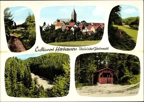 Ak Horhausen Westerwald Rheinland Pfalz, Teilansicht, Kirche, Hotel Paganetti, Wald, Wegepartie
