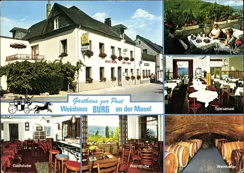 Ak Burg an der Mosel, Gasthof zur Post, Aussen- und Innenansicht, Weinkeller