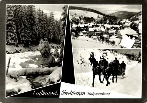 Ak Oberkirchen Schmallenberg im Sauerland, Teilansicht, Winter, Pferdeschlitten, Winterwald