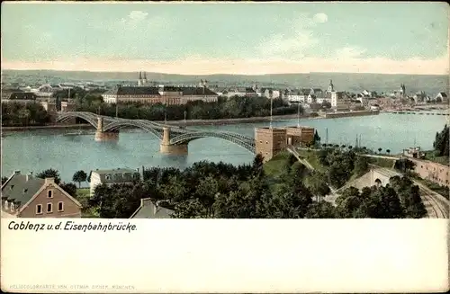 Ak Koblenz am Rhein, Blick auf den Ort mit Eisenbahnbrücke