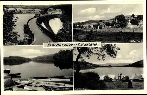 Ak Attendorn im Sauerland, Listertalsperre, Listernohl, Campingplatz, Boote, Sperrmauer