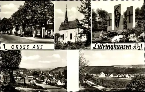 Ak Lütringhausen Olpe in Nordrhein Westfalen, Denkmal, Kirche, Blick auf den Ort