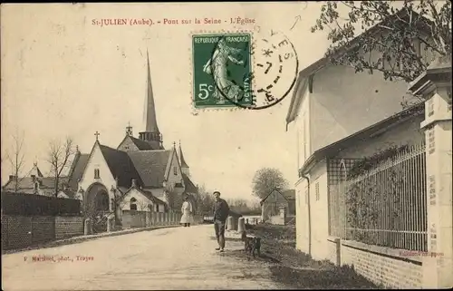 Ak Saint Julien les Villas Aube, Pont sur la Seine, l'Eglise