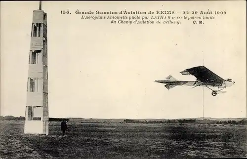 Ak Reims, Grande Semaine d'Aviation 1909, L'aeroplane Antoinette piloté par Latham