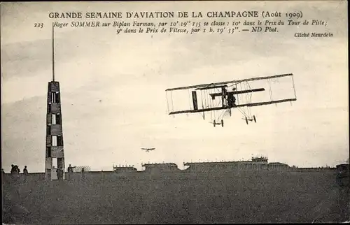 Ak Grande Semaine d'Aviation de la Champagne 1909, Roger Sommer sur biplan Farman